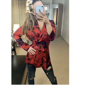 ZARA NEW ORIENTAL PRINTED BLOUSE WITH BELT RED